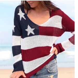 Wooden Ships American Flag Sweater S/M Patriotic Stars Stripes V-Neck Knit